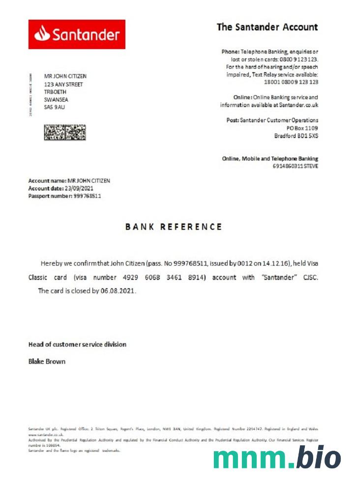 Przykład odniesienia do zamknięcia Santander w Wielkiej Brytanii w formatach Word i PDF